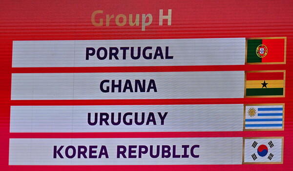 2일 오전(한국시간) 카타르 도하에서 열린 2022 월드컵 조 추첨식에서 한국이 포르투갈, 가나, 우루과이와 함께 배정된 H조가 화면에 표기돼 있다. [EPA=연합뉴스]