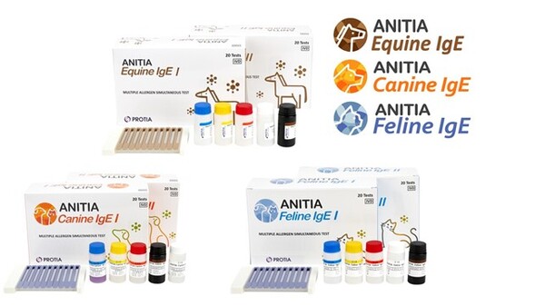 프로티아의 반려동물, 말 알러지 진단제품 군. 말 알러지 진단키트 ‘ANITIA Equine IgE(위), 강아지 알러지 진단키트 ‘ANITIA Canine IgE(왼쪽 하단), 고양이 알러지 진단키트 ‘ANITIA Feline IgE(오른쪽 하단). [프로티아]